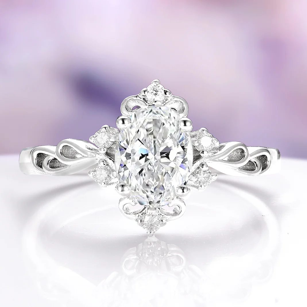 Vintage Oval Moissanite Engagement Ring in Sterling Silver