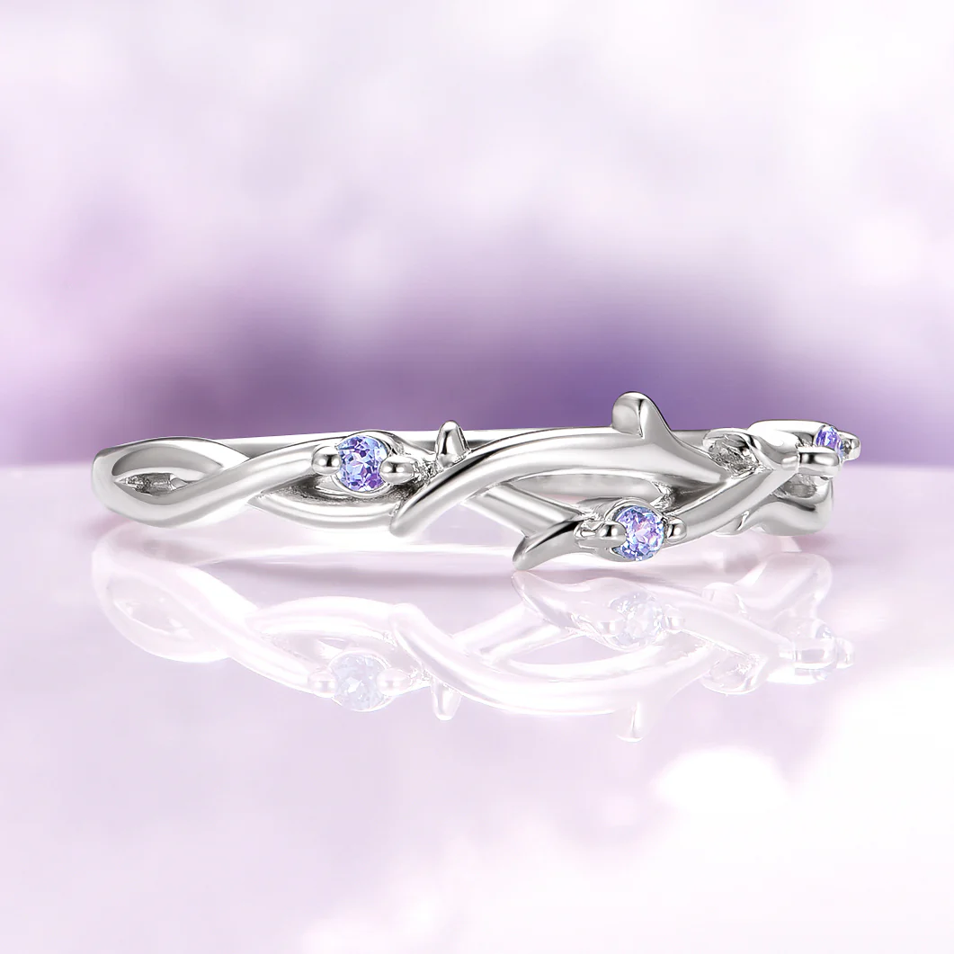 Whimsical Leaf Alexandrite Twig Wedding Band in Sterling Silver - Image 4