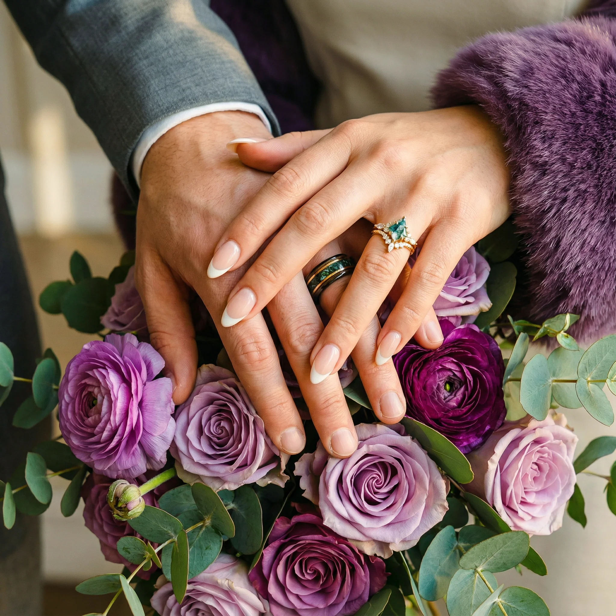 Skye Kite® Green Moss Agate & Whiskey Barrel Couples Ring Set - Image 4