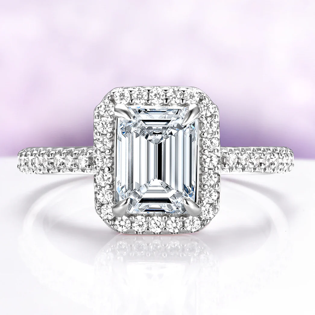 White Sapphire Emerald Cut Engagement Ring in Sterling Silver