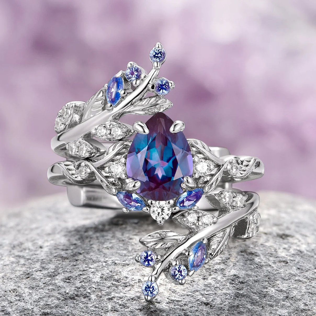 Wisteria Alexandrite Fairy Leaf Ring in Sterling Silver (Two Piece)