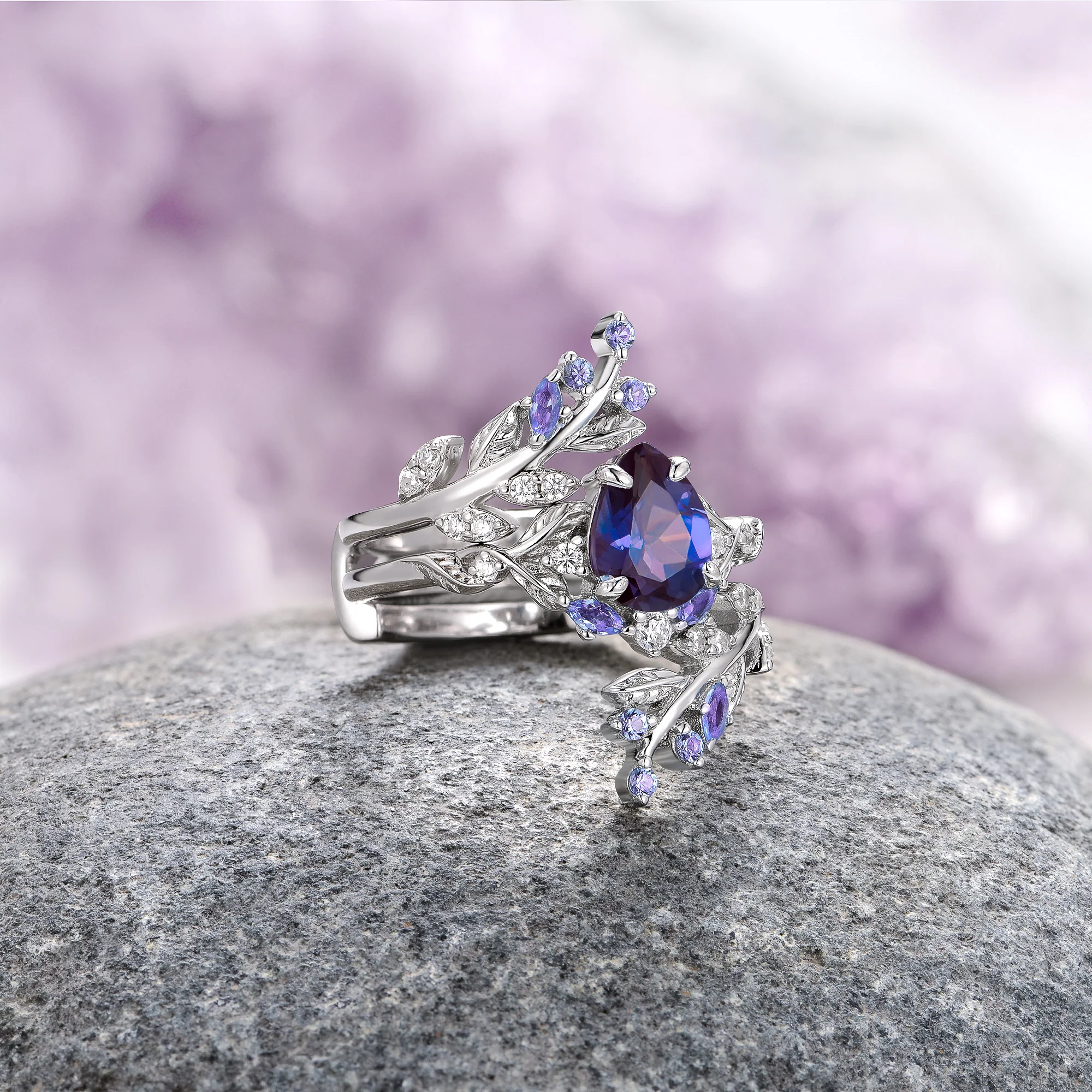 Wisteria Alexandrite Fairy Leaf Ring in Sterling Silver (Two Piece) - Image 5