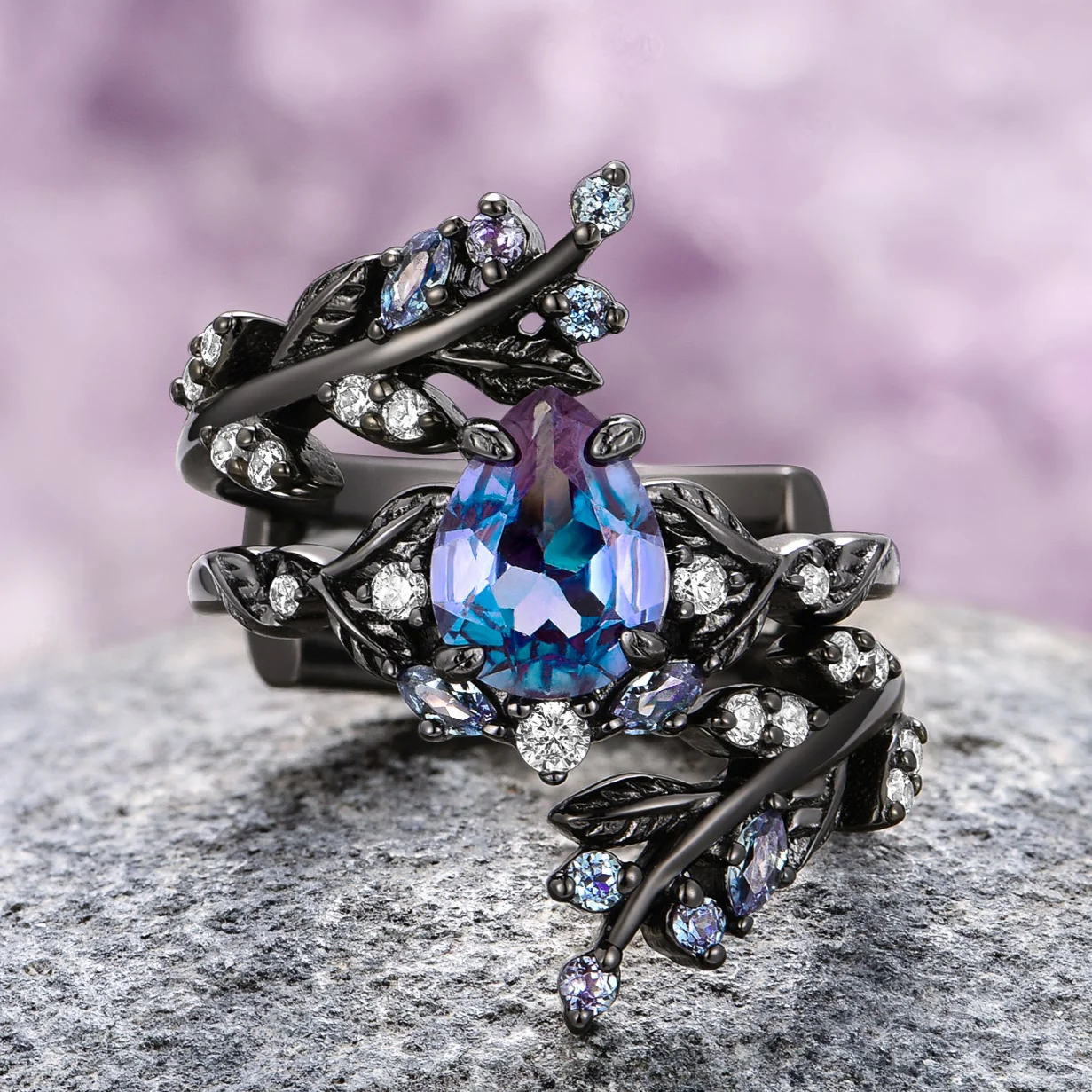 Wisteria Alexandrite Fairy Leaf Ring in Black Ruthenium (Two Piece)