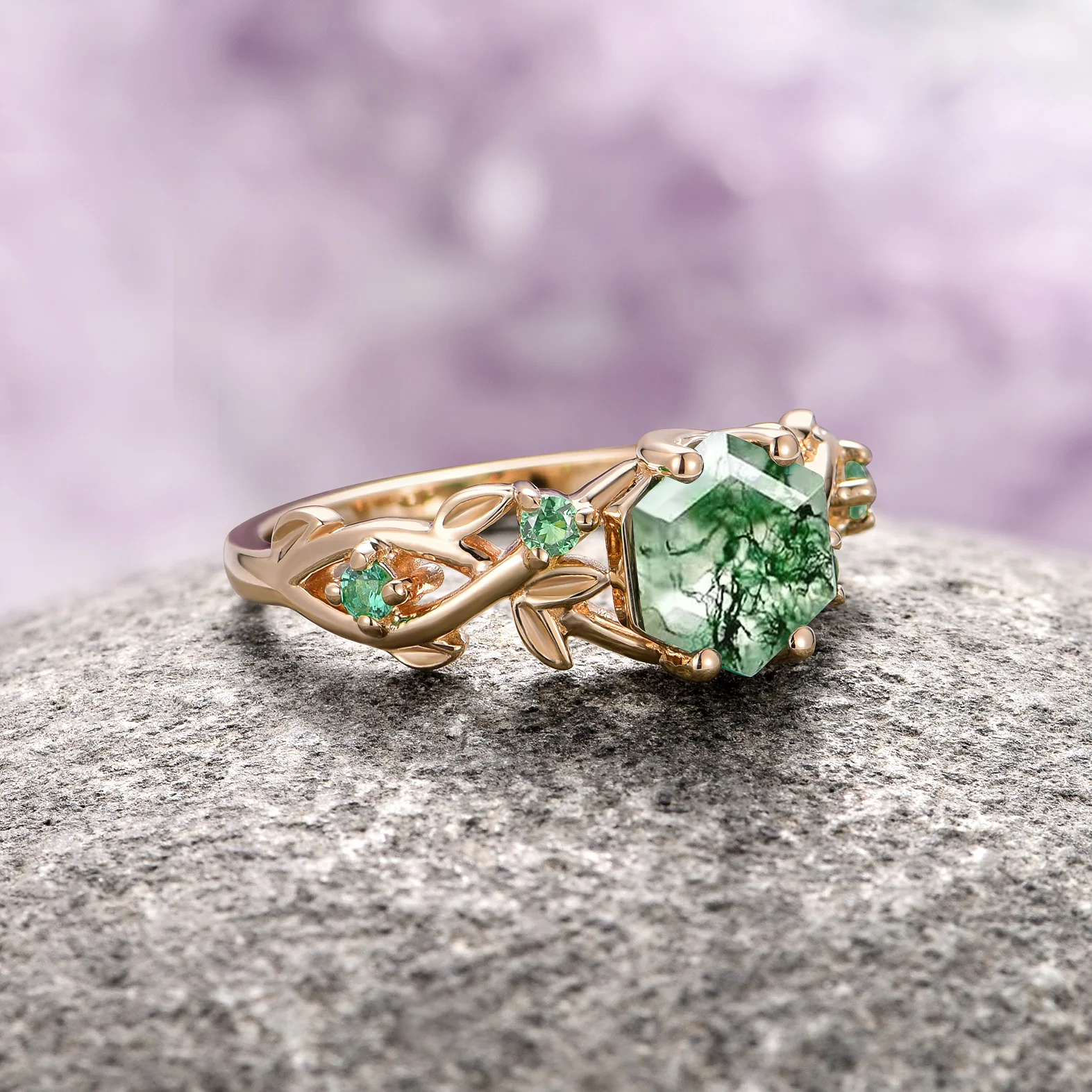 Woodland Green Moss Agate & Emerald Leaf Engagement Ring- 14K/ 18K Solid Yellow Gold - Image 2
